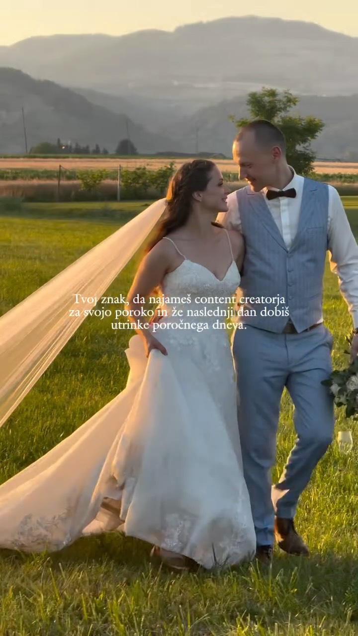 Mladoporočenca na travniku v topli večerni svetlobi